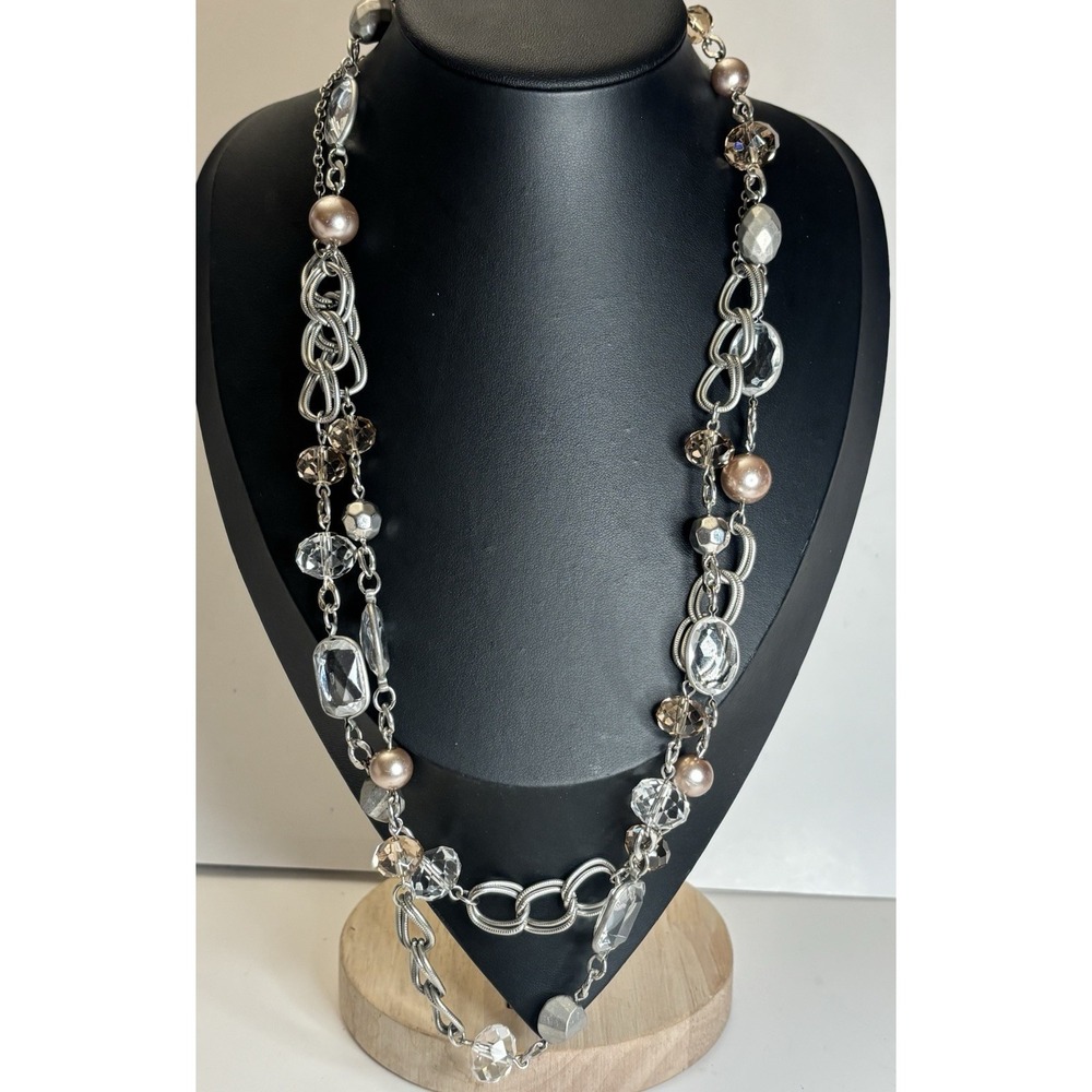 Vintage Y2K Flapper Necklace 50" Long Beaded Faux Pearl Silver Tone Loft Brand
